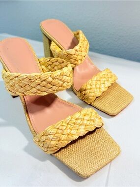 Zara Style Raffia Woven Block Heel Sandals Square Toe Mule Size 9